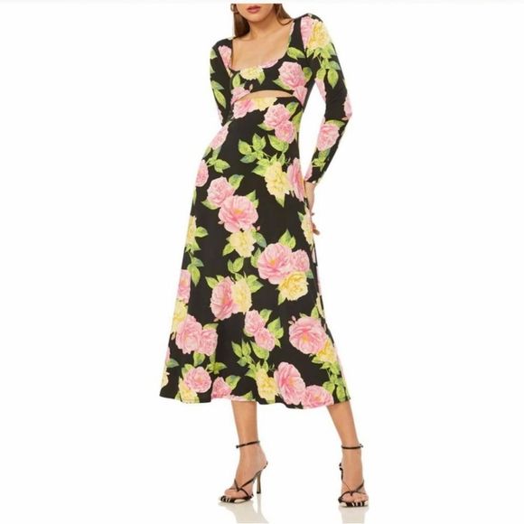 AFRM Gigi Floral Cutout Midi Dress Black & Pink Size Small - Picture 3 of 8